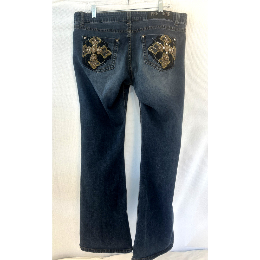 Premiere Demin Jeans Size 36x30 Wide Flair Cross Embellished Pockets Bling Studs